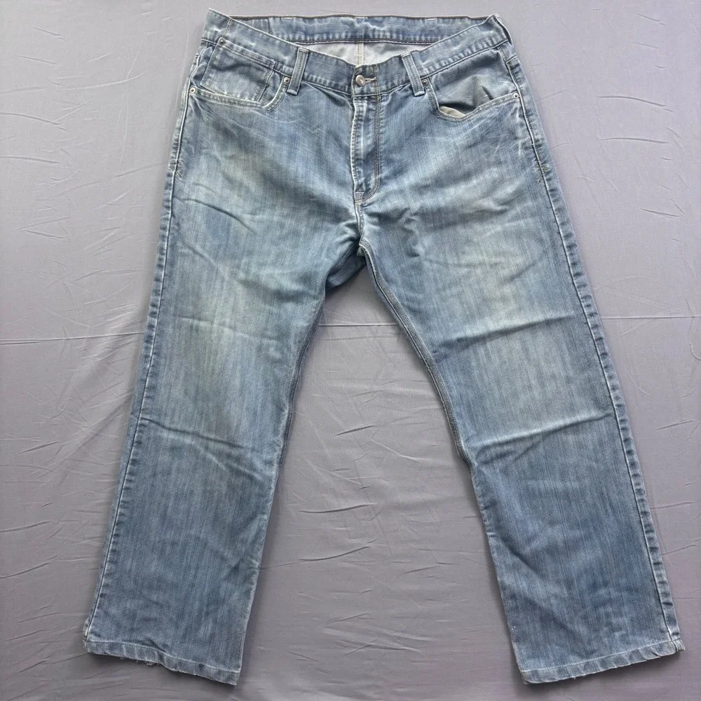 Levis 514 Straight Leg Jeans Mens 38x32 Light Wash Blue Flap Pocket Denim